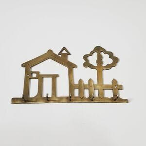 Vintage Brass House Tree Picket Fence Wall Mount Key Holder Rack 5 Hooks Taiwan